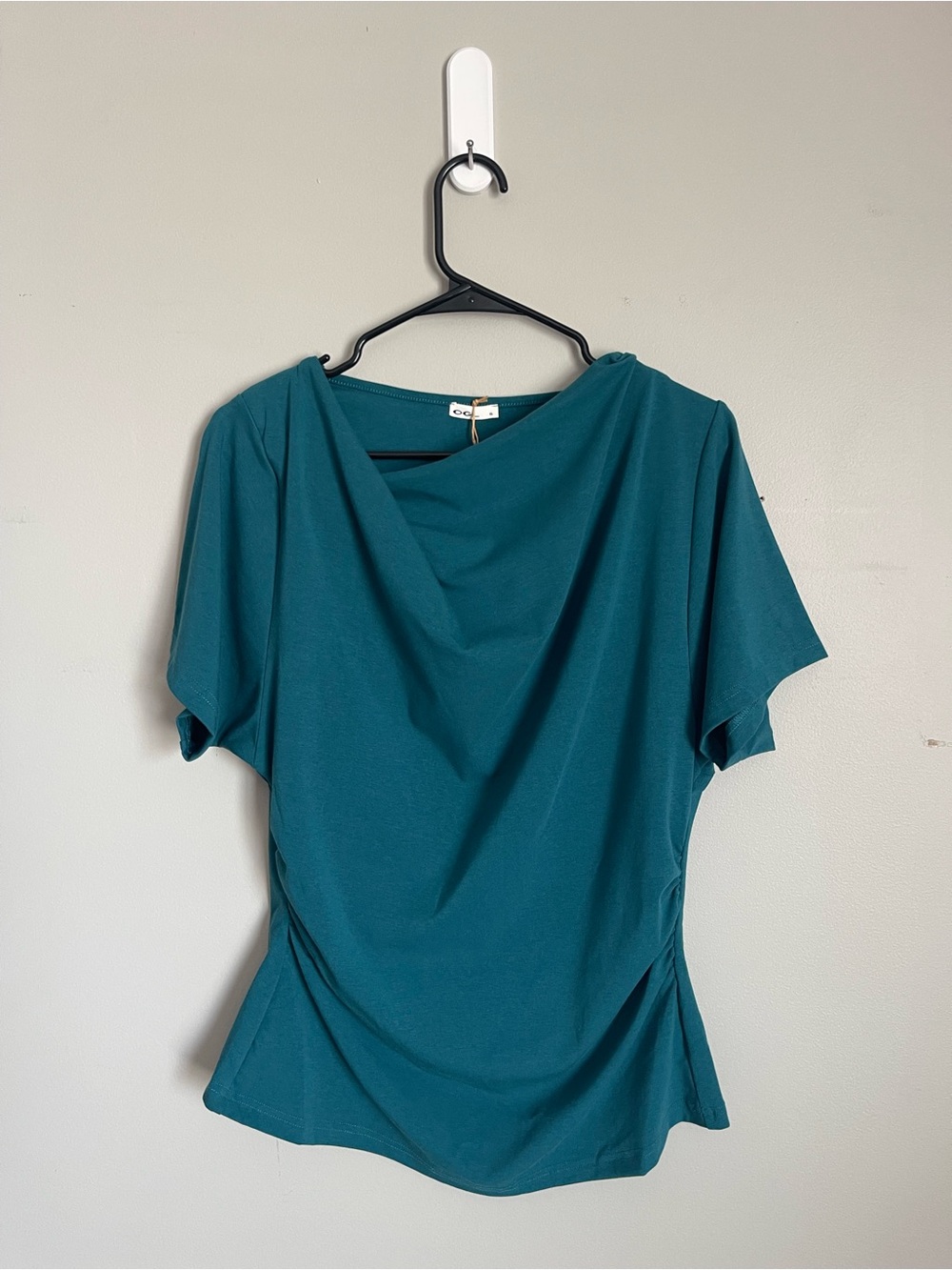 OGL | Teal Asymmetrical Cowl Neck Ruched Top Sz XL - Picture 4 of 11
